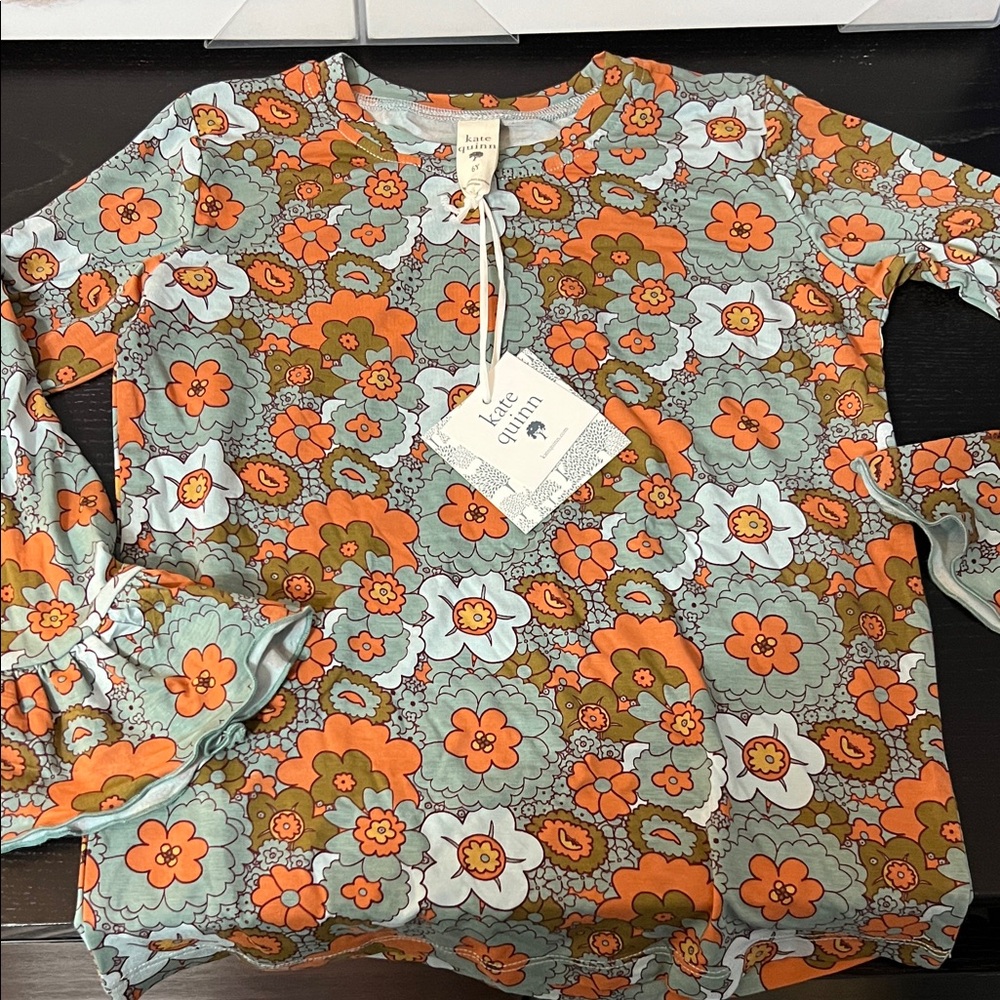 Kate Quinn Orange and Blue Floral Long Sleeve Tee